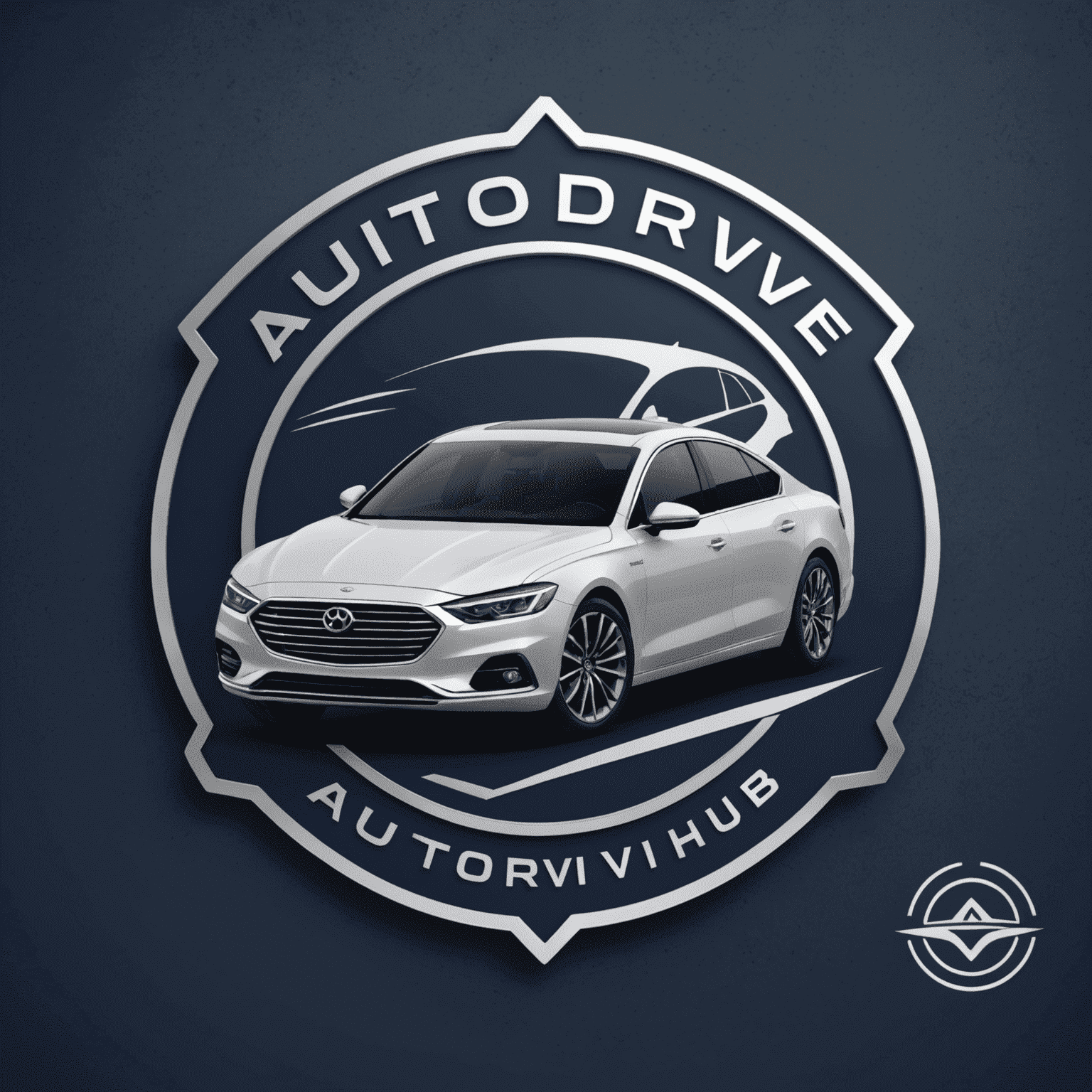 AutoDriveHub logo - een modern en professioneel ontwerp met een gestileerde auto en het bedrijfslogo in diep marineblauw en zilver