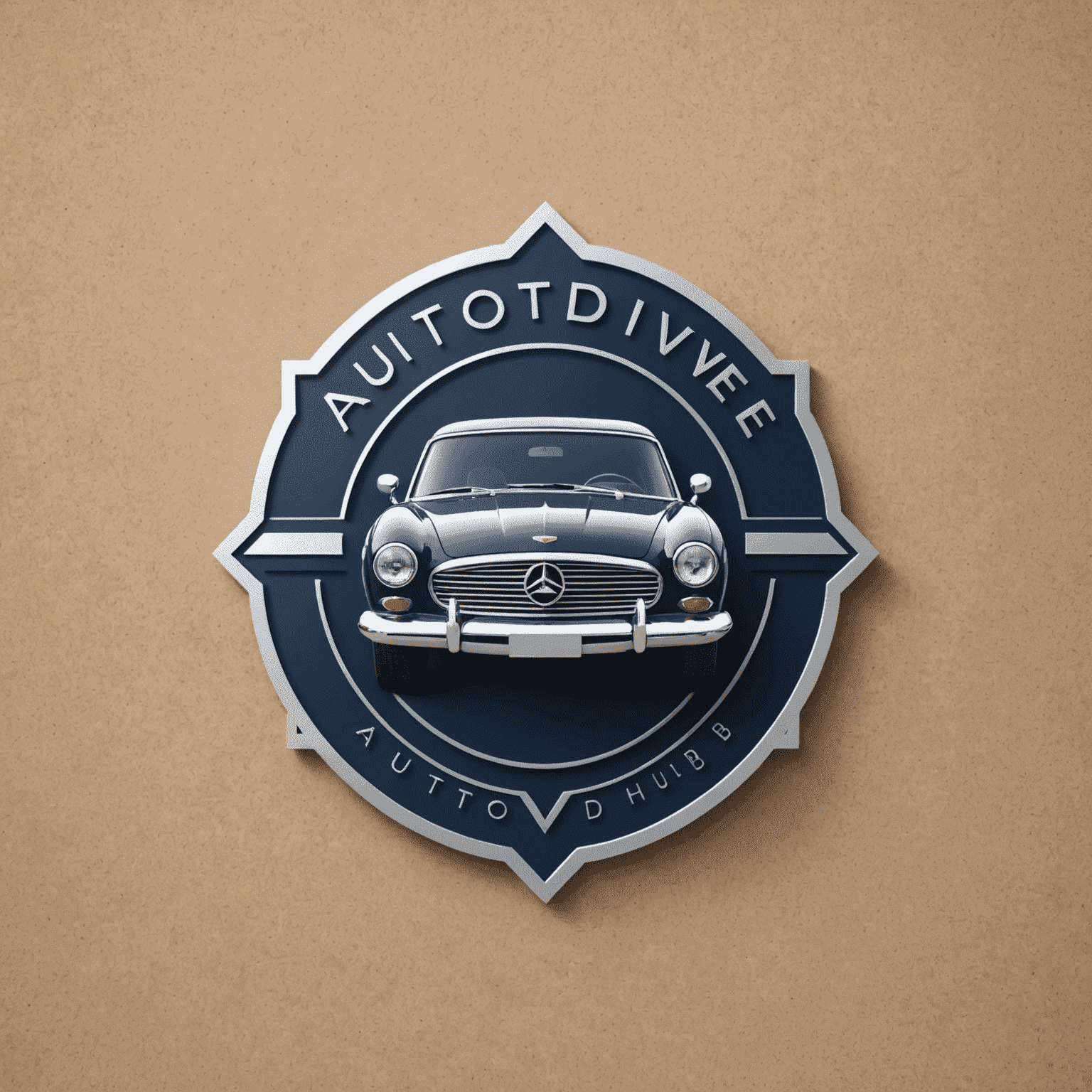 AutoDriveHub logo - een modern en professioneel ontwerp met een gestileerde auto en het bedrijfslogo in diep marineblauw en zilver