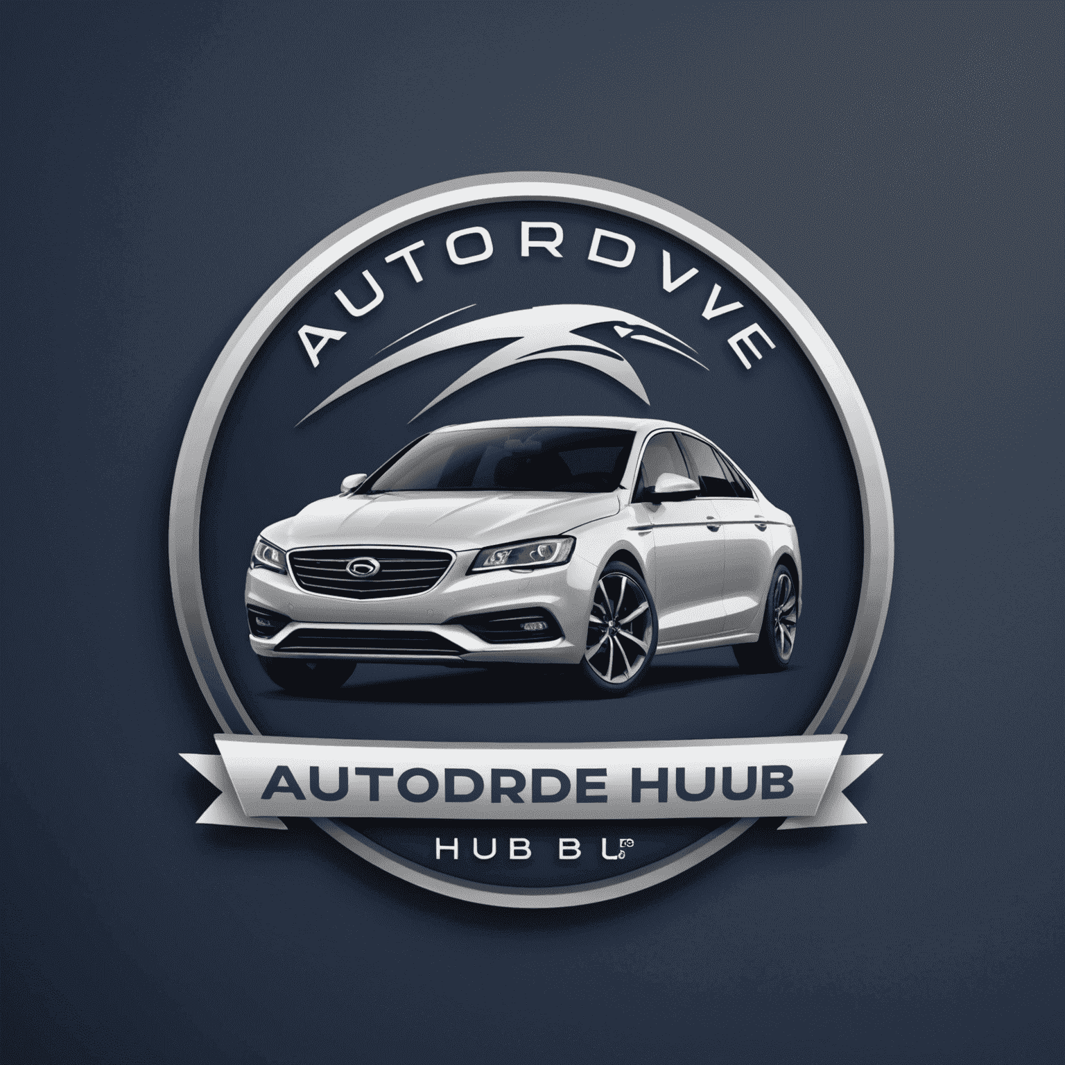 AutoDriveHub logo - een modern en professioneel ontwerp met een gestileerde auto en het bedrijfslogo in diep marineblauw en zilver