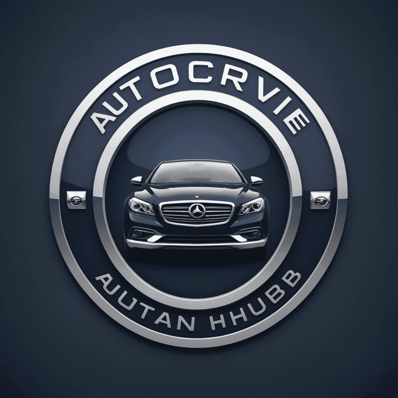 AutoDriveHub logo - een modern en professioneel ontwerp met een gestileerde auto en het bedrijfslogo in diep marineblauw en zilver