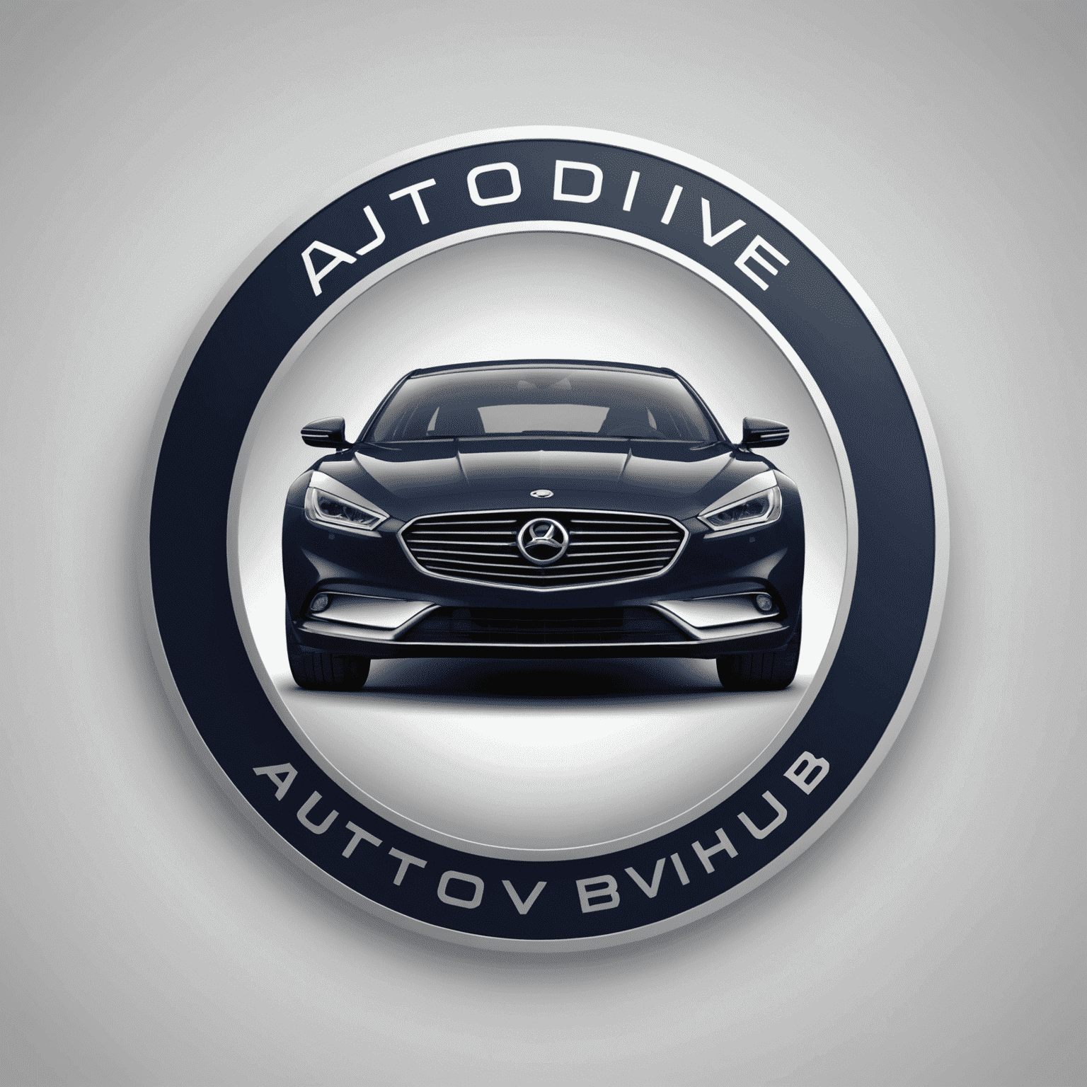 AutoDriveHub logo - een modern en professioneel ontwerp met een gestileerde auto en het bedrijfslogo in diep marineblauw en zilver