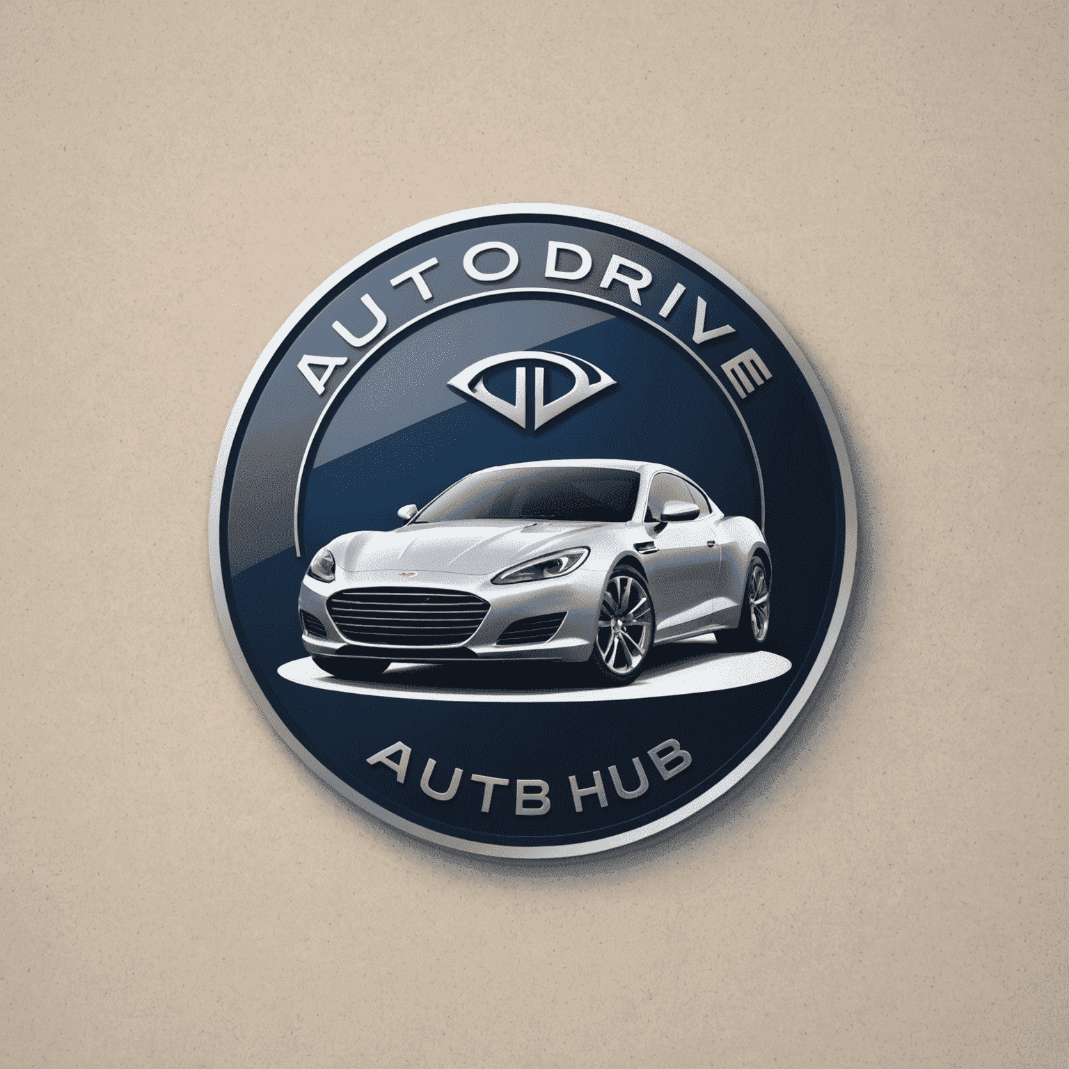 AutoDriveHub logo - een modern en professioneel ontwerp met een gestileerde auto en het bedrijfslogo in diep marineblauw en zilver