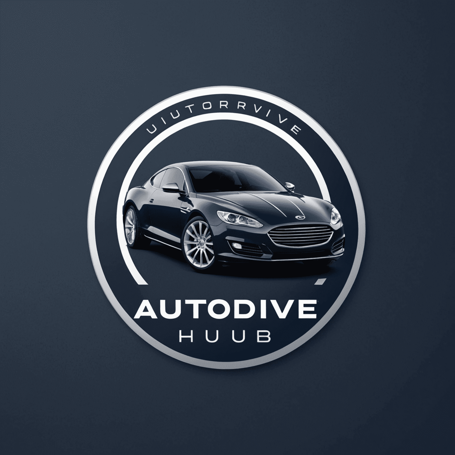 AutoDriveHub logo - een modern en professioneel ontwerp met een gestileerde auto en het bedrijfslogo in diep marineblauw en zilver