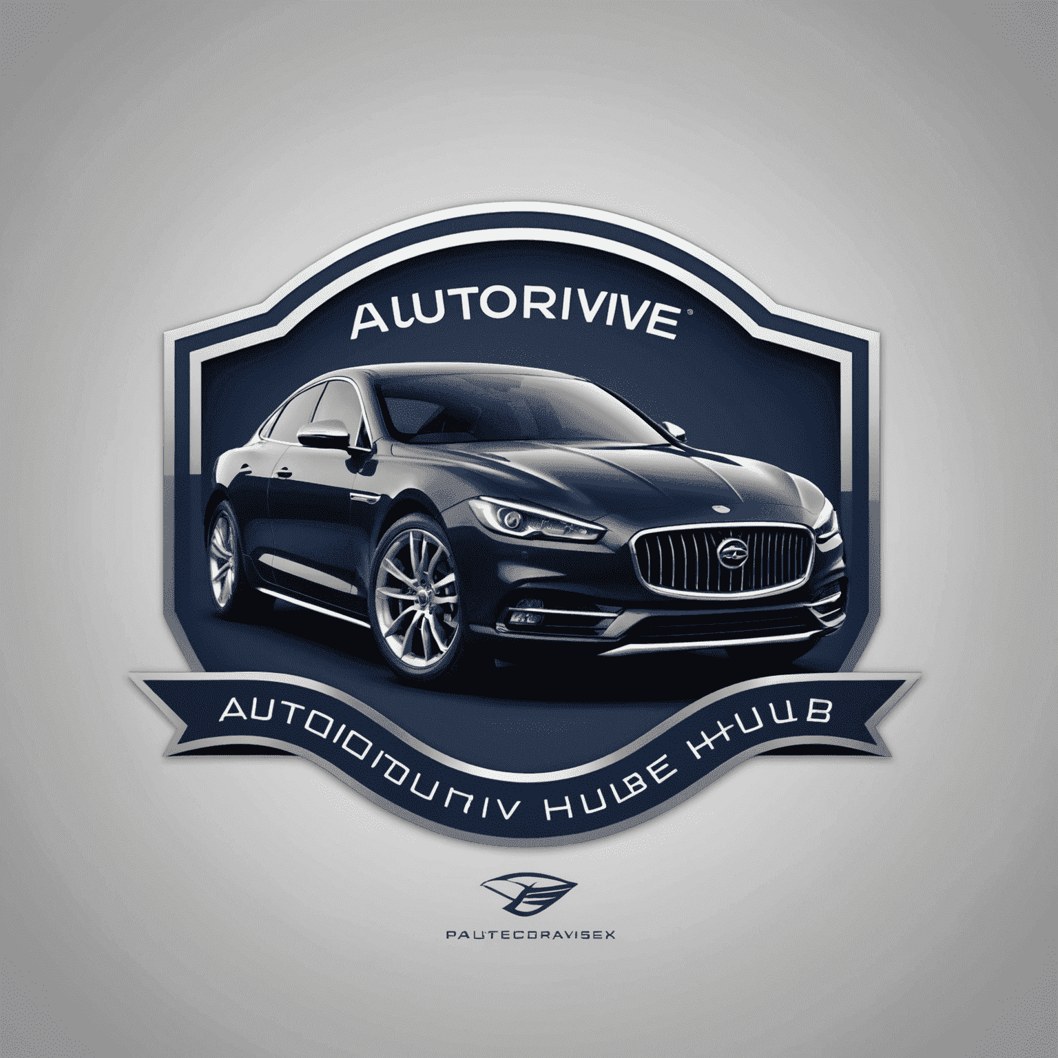 AutoDriveHub logo - een modern en professioneel ontwerp met een gestileerde auto en het bedrijfslogo in diep marineblauw en zilver