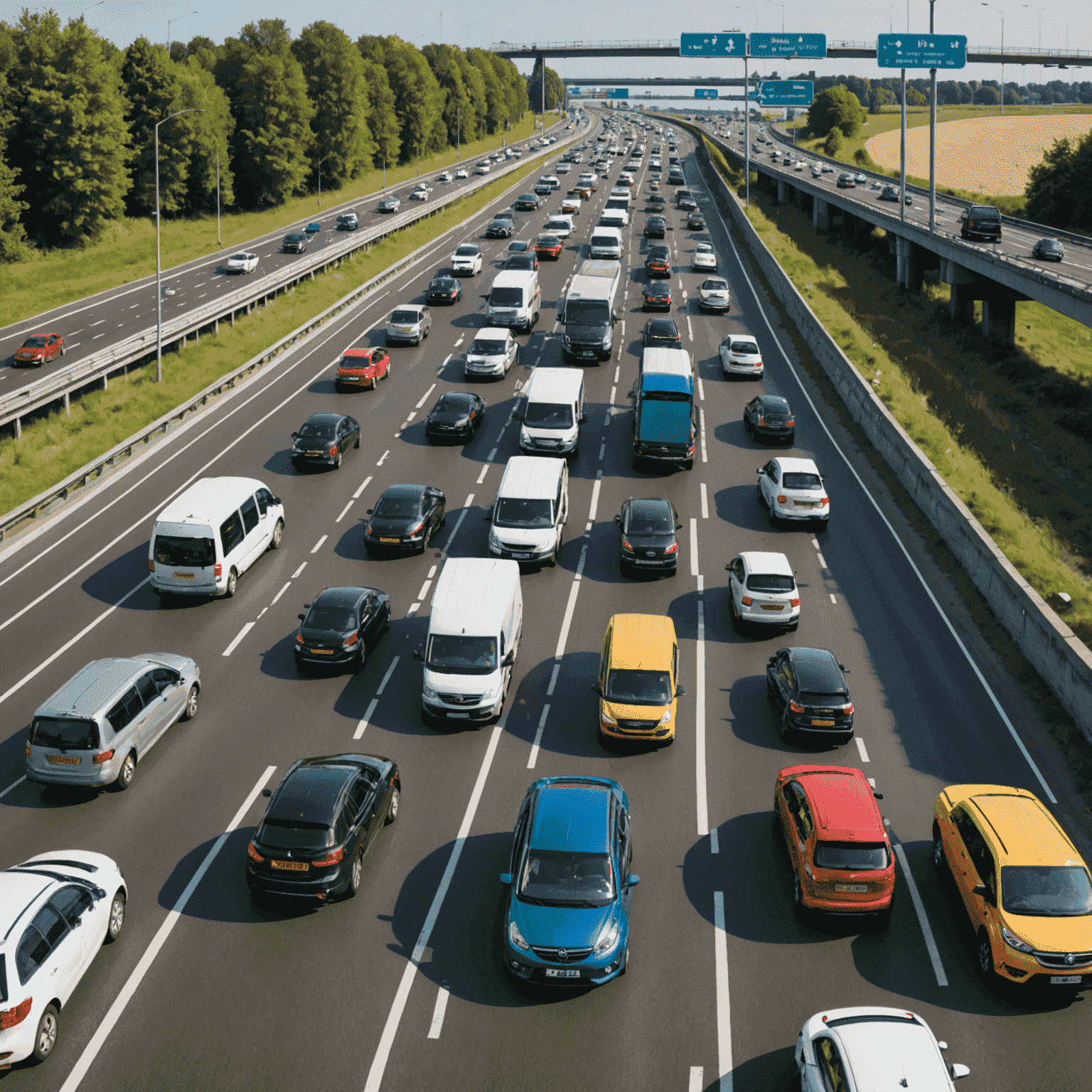 Een drukke Nederlandse snelweg met verschillende voertuigen en verkeersborden die de nieuwe verkeersregels illustreren